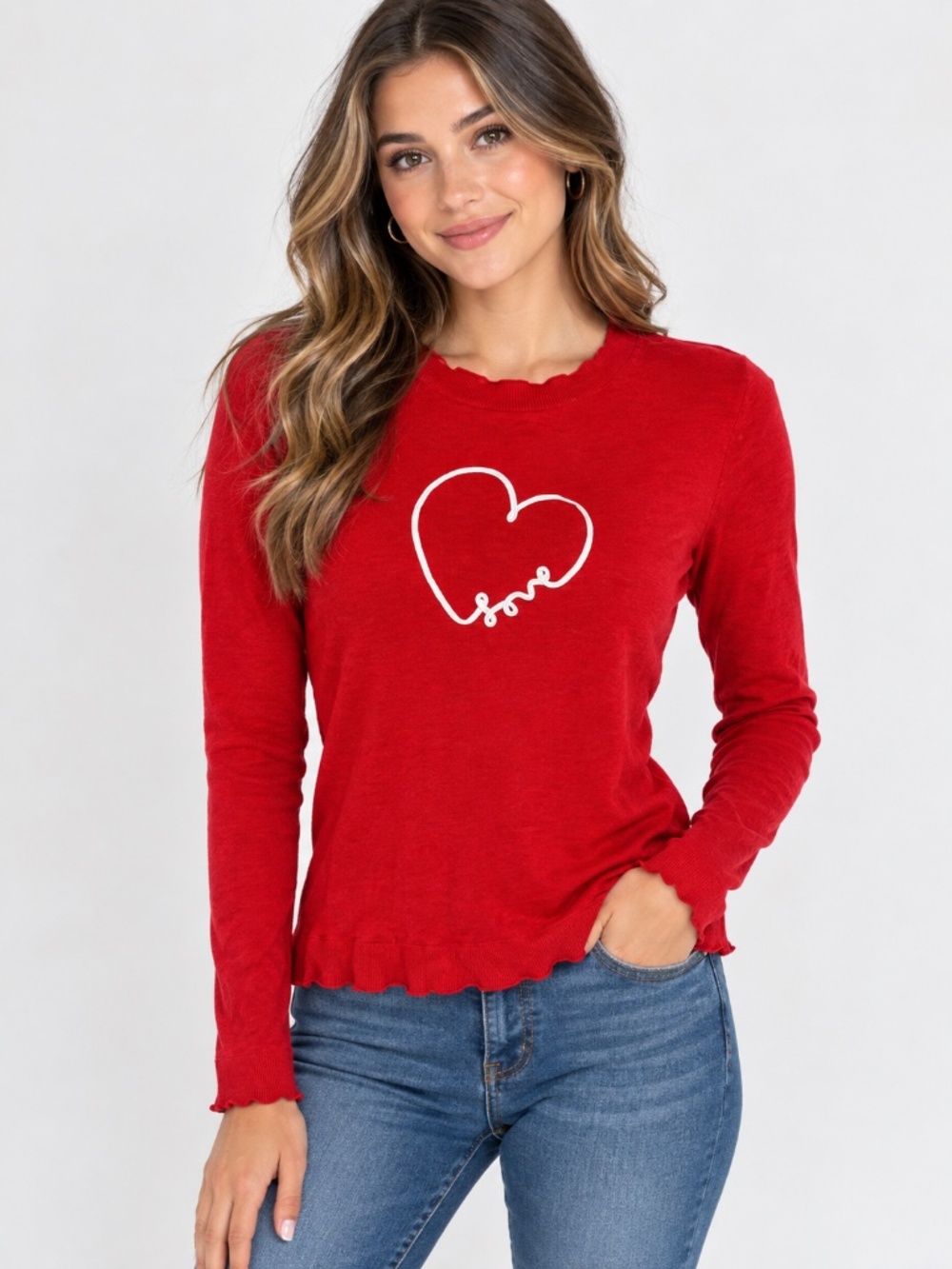 Women's Marled Red Long Sleeve Heart Graphic Top